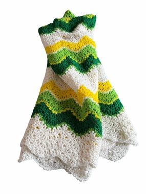 🌟Handmade Vintage Retro Style Chevron Crochet Throw Blanket White Green & Yellow